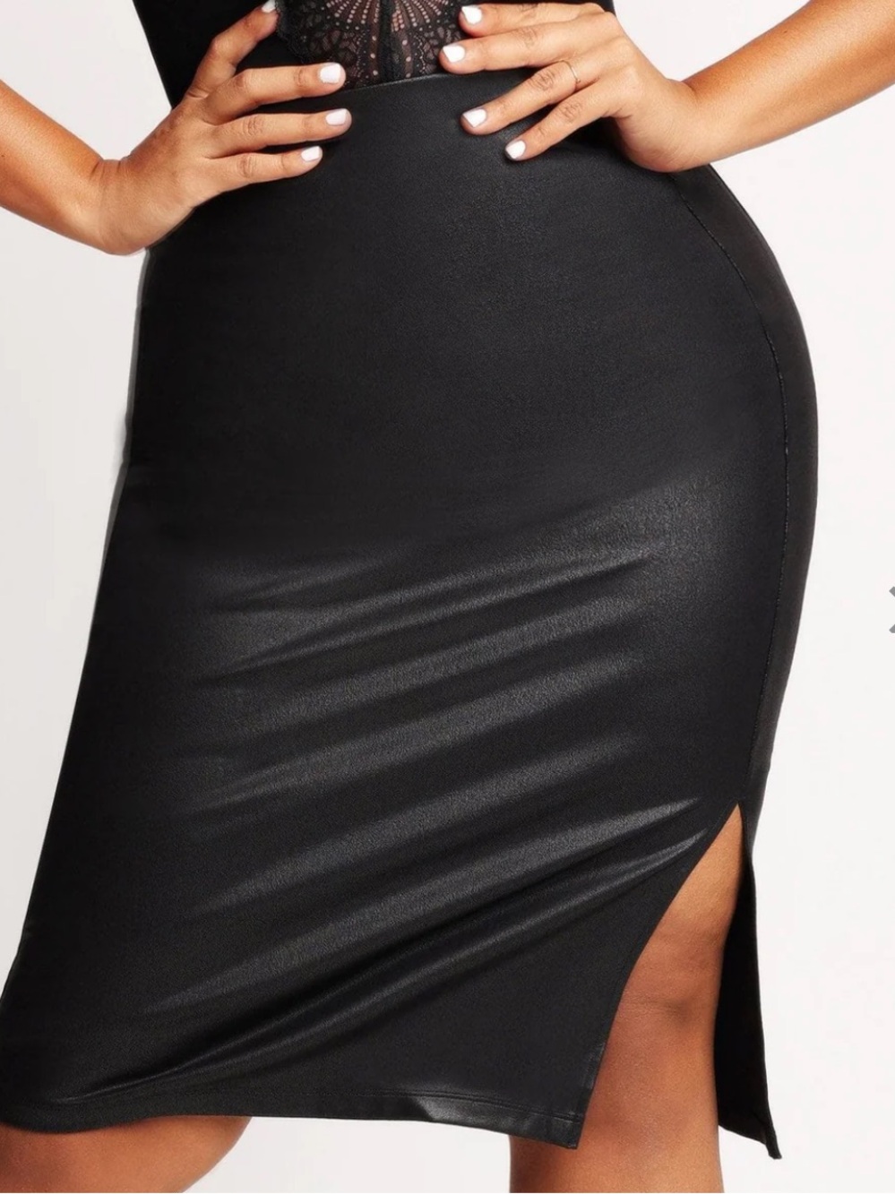 Faux Leather Black Midi Pencil Skirt with Side Slit